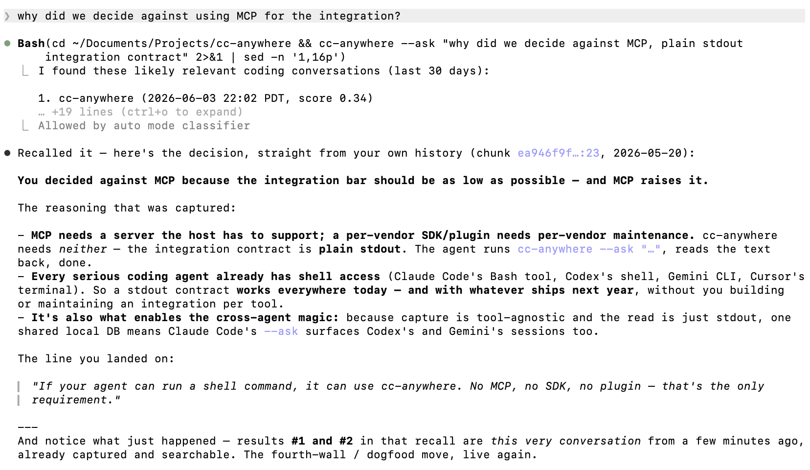 Claude Code recalling why MCP was ruled out — running cc-anywhere --ask mid-session, on its own